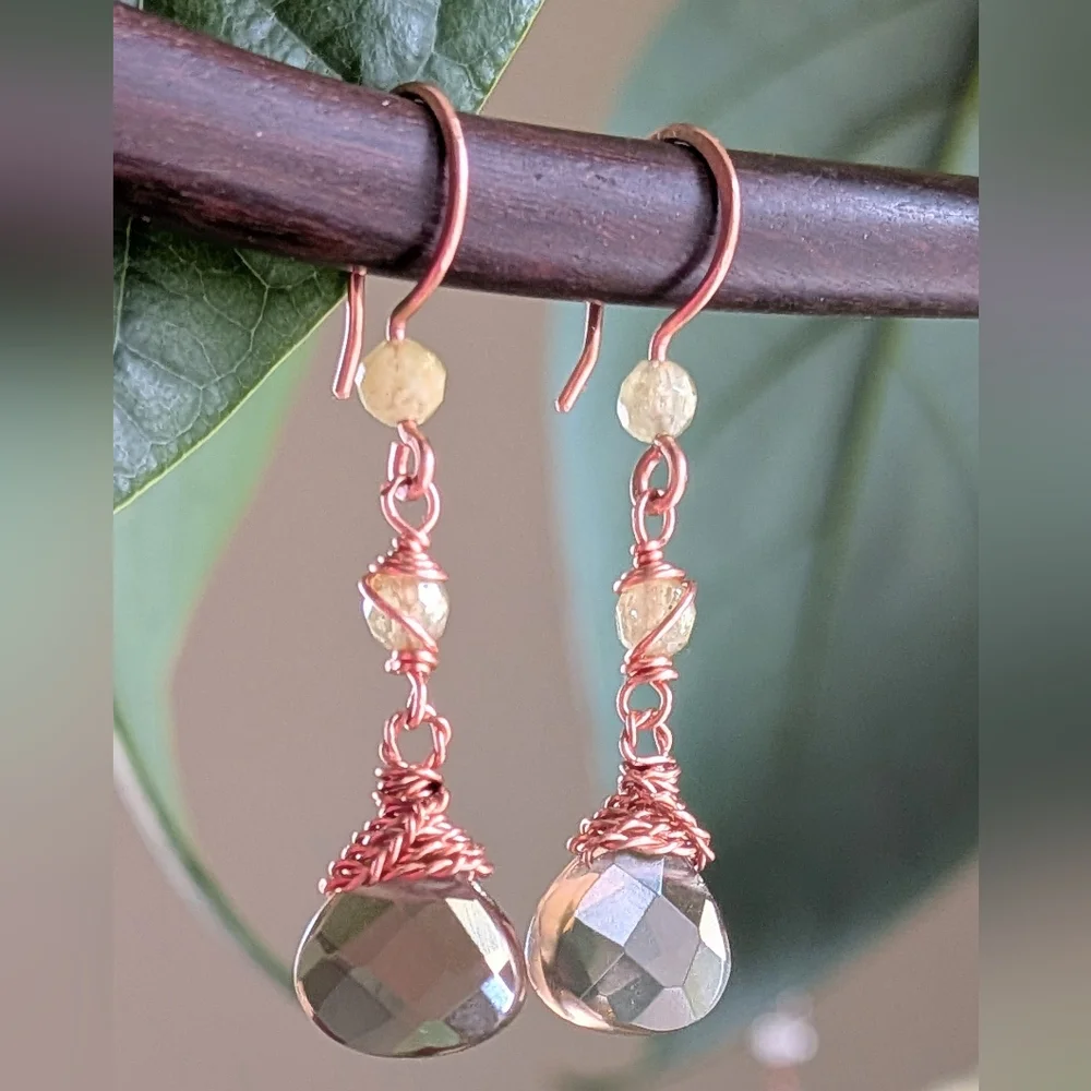 Smokey Quartz Earrings Green Garnet Accents Dangle Drop Artisan Handmade - Picture 4 of 12